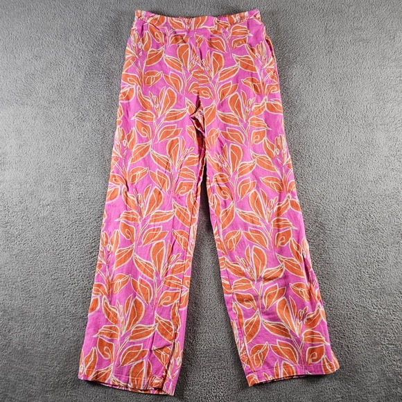 Sincerely Jules Pants - Sincerely Jules Pink Orange Tropical Leaf Print Linen Blend Wide Leg Pants 12